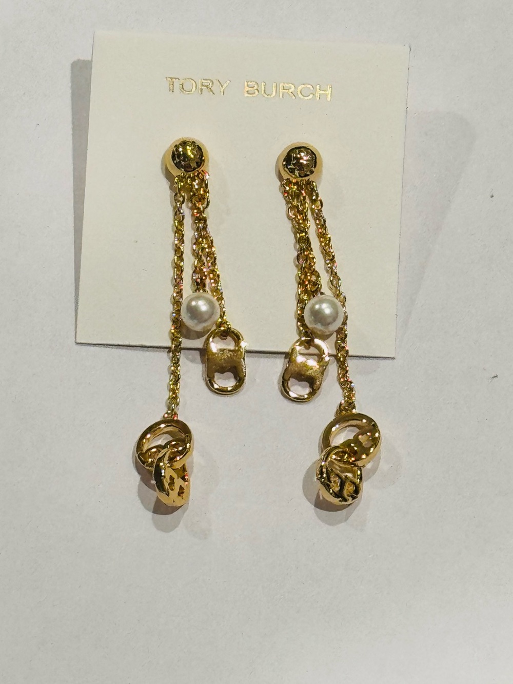 NWT Tory Burch Gold Pearl Double T Logo Multi Chain Drop Earrings 2.5”